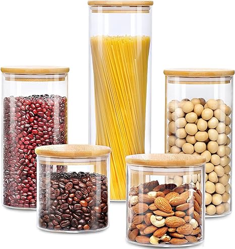 WESOUQ™ 5 Pcs Glass Jars with Bamboo Lids, Airtight High Borosillicate Container, Multi Sizes Clear Food Storage