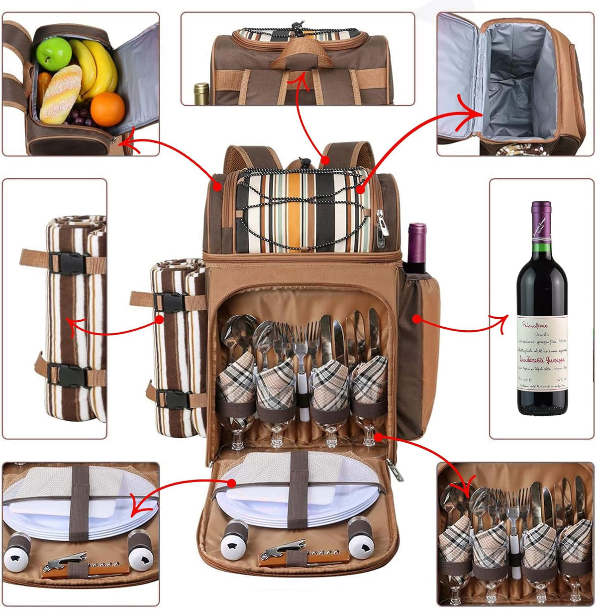 Picnic Backpack for Camping, Leakproof Insulated Cooler Bag with Wine Holder, Ice packs, Blanket, Cutlery Set & More - Lightweight & Spacious Picnic Basket for Beach, Travel