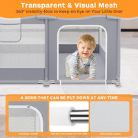 120x120 Baby Playpen with 2 Pull Rings - Portable Safe Indoor & Outdoor Playard & Activity Center, Baby Bumper Foam Play Fence with Breathable Mesh Sides