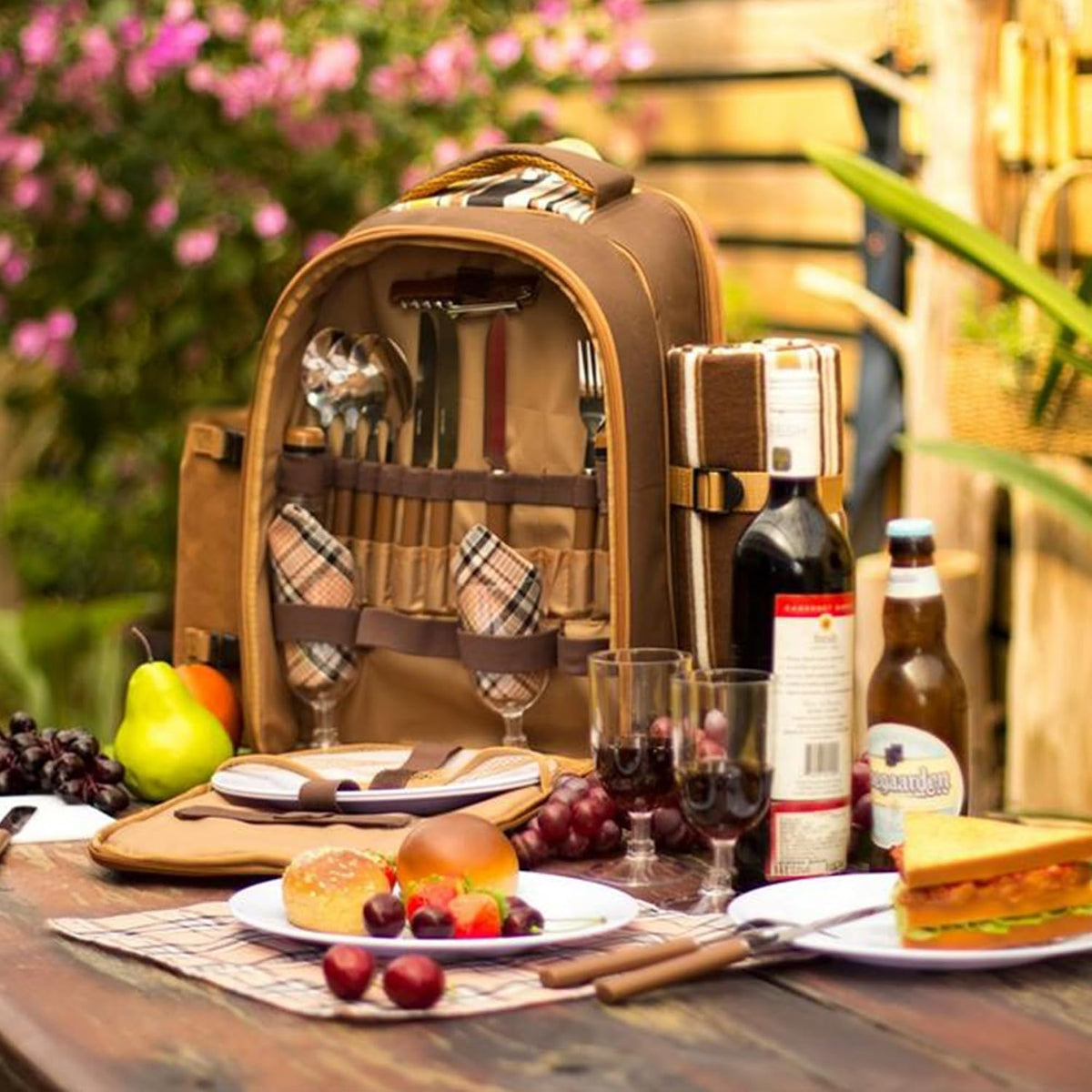 Picnic Backpack for Camping, Leakproof Insulated Cooler Bag with Wine Holder, Ice packs, Blanket, Cutlery Set & More - Lightweight & Spacious Picnic Basket for Beach, Travel