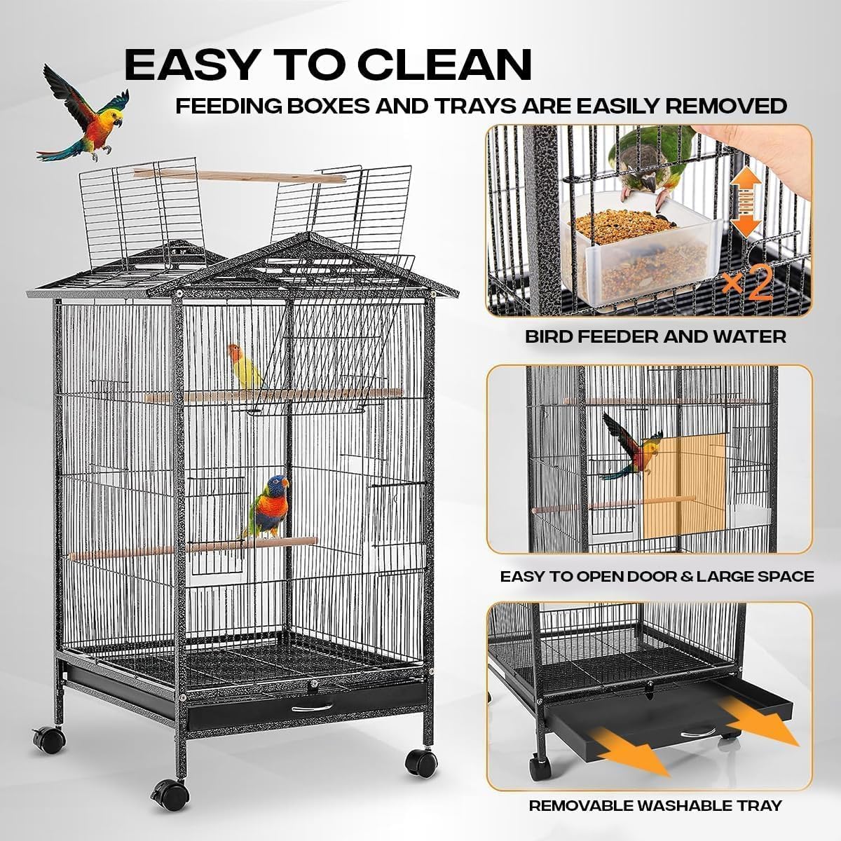 Bird Cage with Rolling Stand – 38" Large Metal Parrot Aviary for Indoor Small & Medium Birds – Macaws, Budgies, Pigeons, Cockatiels – Open Top Design with Perch & Feeding Bowls
