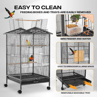 Bird Cage with Rolling Stand – 38" Large Metal Parrot Aviary for Indoor Small & Medium Birds – Macaws, Budgies, Pigeons, Cockatiels – Open Top Design with Perch & Feeding Bowls