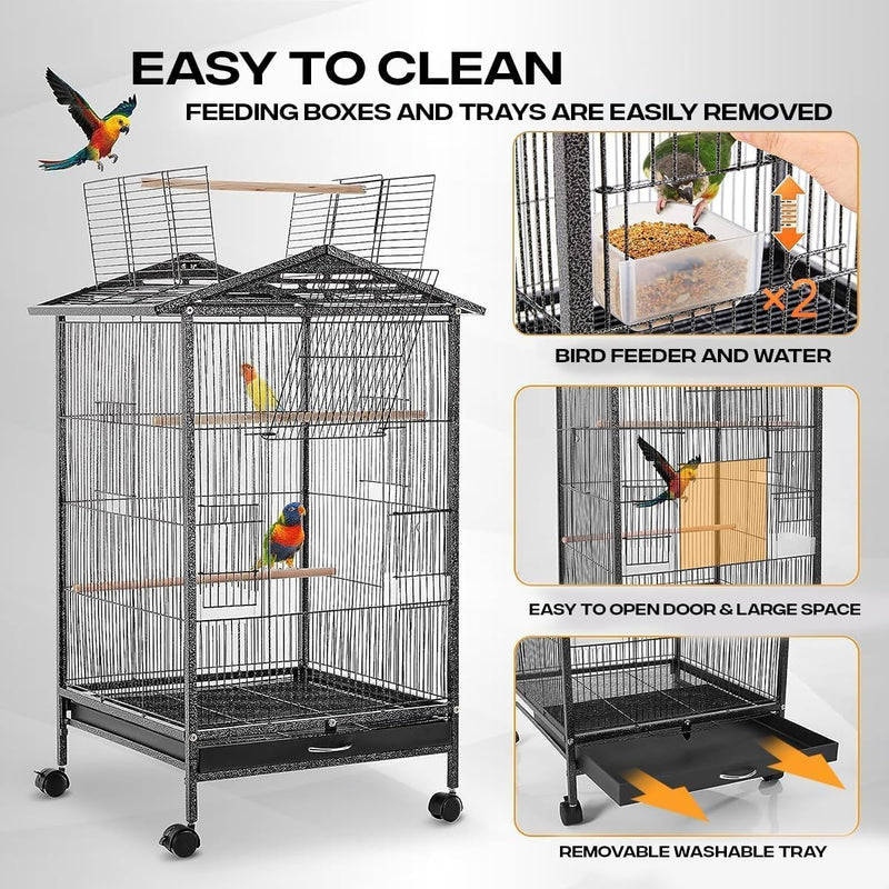 Bird Cage with Rolling Stand – 38" Large Metal Parrot Aviary for Indoor