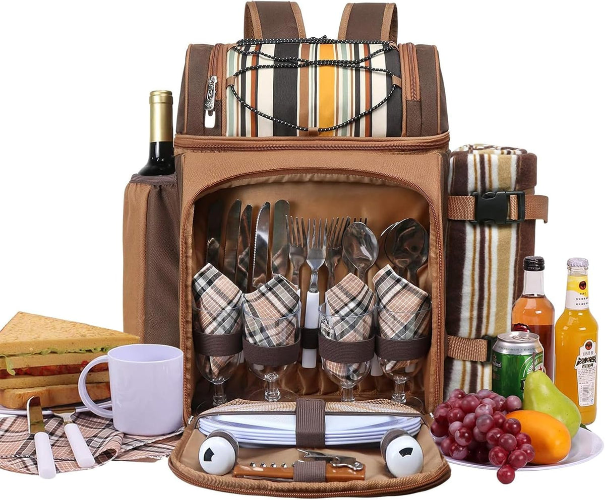 Picnic Backpack for Camping, Leakproof Insulated Cooler Bag with Wine Holder, Ice packs, Blanket, Cutlery Set & More - Lightweight & Spacious Picnic Basket for Beach, Travel