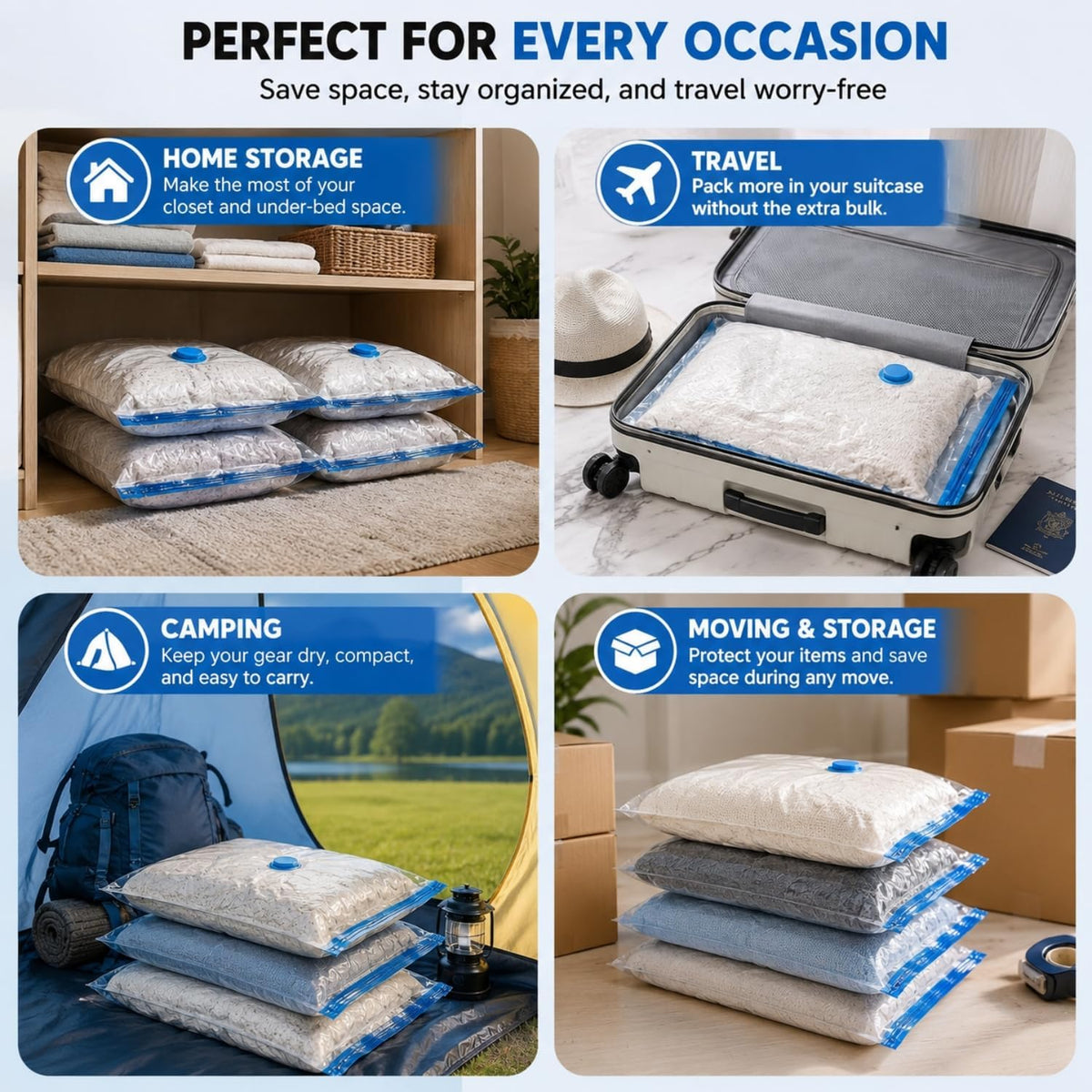 20 Vacuum Storage Bags with Electric Pump – Space Saver for Clothes, Travel Vacuum Bag Set with 6 Small, 6 Medium, 5 Large & 3 Jumbo Compression Bags for Packing, Blankets, Pillows & Home