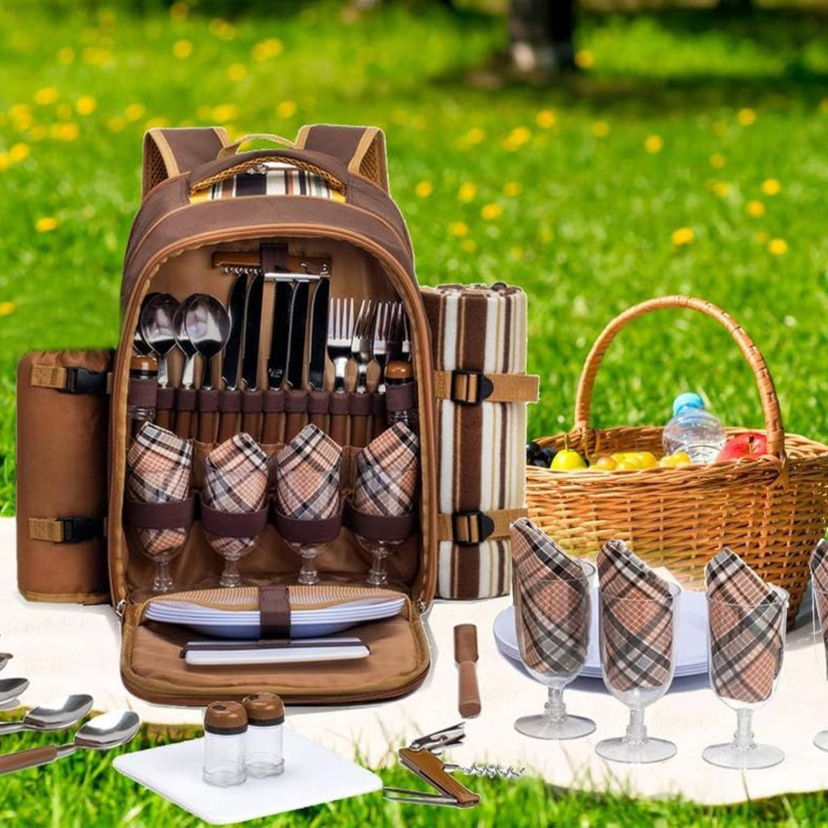 Picnic Backpack for Camping, Leakproof Insulated Cooler Bag with Wine Holder, Ice packs, Blanket, Cutlery Set & More - Lightweight & Spacious Picnic Basket for Beach, Travel