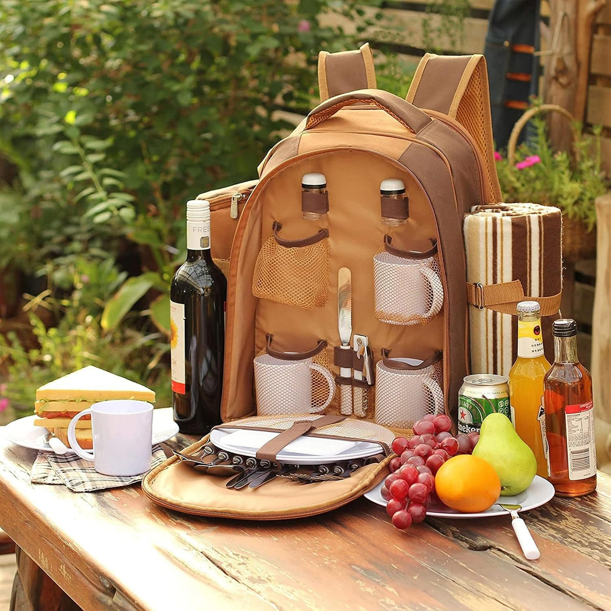 Picnic Backpack for Camping, Leakproof Insulated Cooler Bag with Wine Holder, Ice packs, Blanket, Cutlery Set & More - Lightweight & Spacious Picnic Basket for Beach, Travel