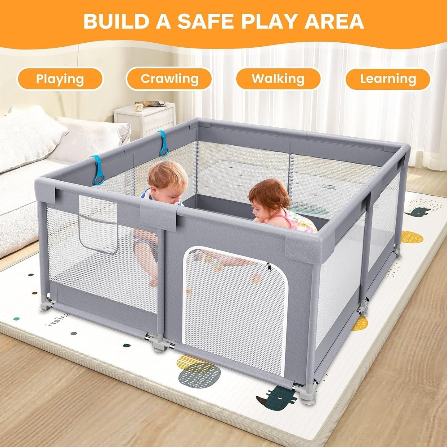 120x120 Baby Playpen with 2 Pull Rings - Portable Safe Indoor & Outdoor Playard & Activity Center, Baby Bumper Foam Play Fence with Breathable Mesh Sides