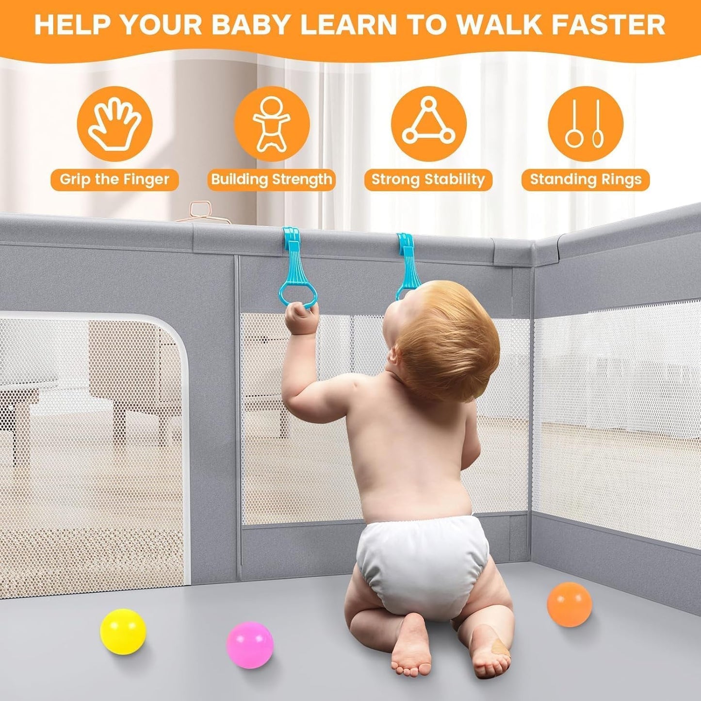 120x120 Baby Playpen with 2 Pull Rings - Portable Safe Indoor & Outdoor Playard & Activity Center, Baby Bumper Foam Play Fence with Breathable Mesh Sides