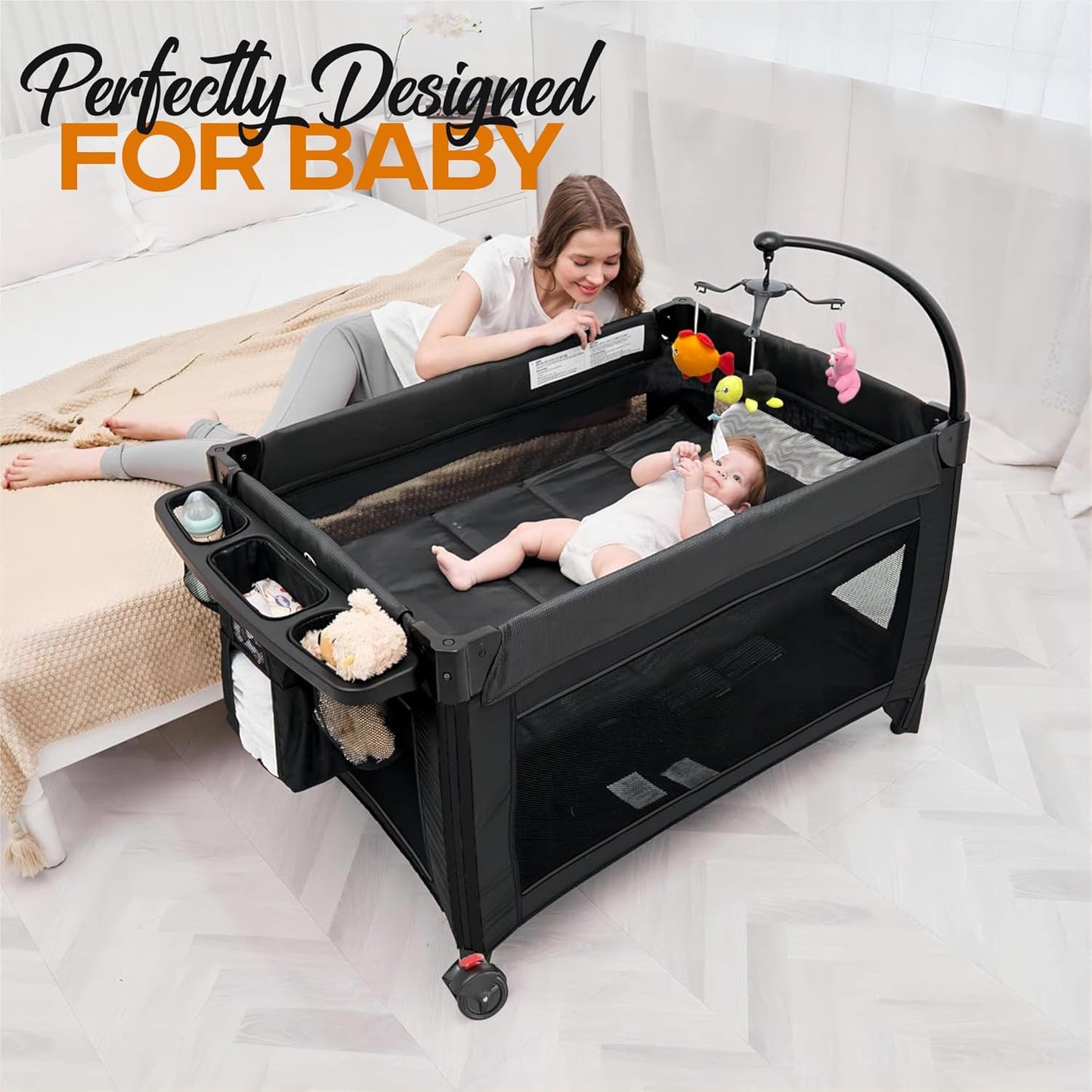 WESOUQ™ Baby Bassinet, 5 in 1 Baby Bassinet & Crib, Travel Nursery Center With Toys & Music Box, Baby cot & Playpen Newborn Diaper Changing Table, Foldable Baby Bedside Sleeper & Playard