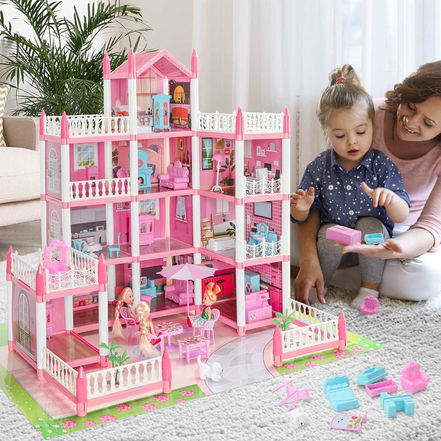 WESOUQ™  Doll House Dollhouse - 3 Story 9 Rooms Pink Diy Pretend Play Building Playset, Dollhouse