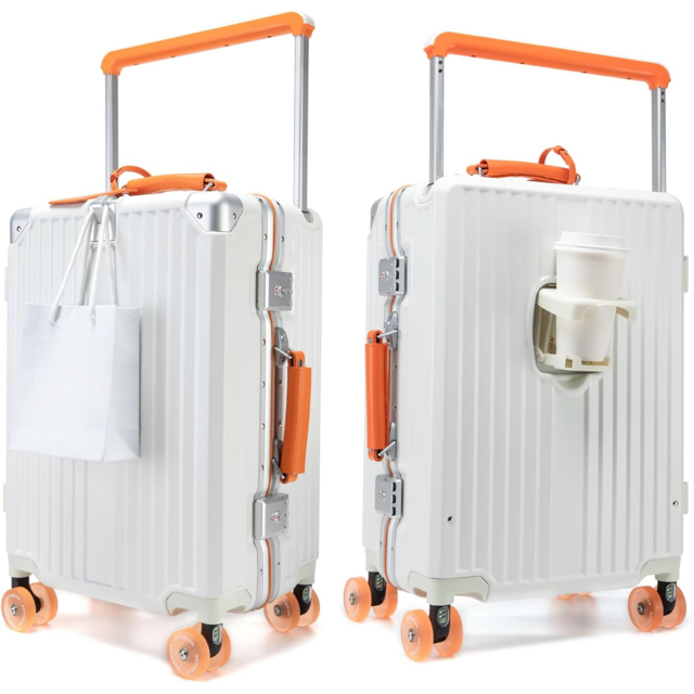 Carry-On Luggage with Spinner Wheels, Lock, USB Charging Port, Cup Holder.