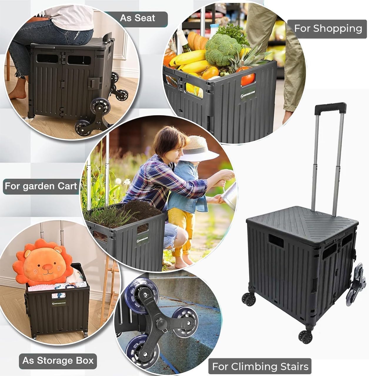 WESOUQ™ 65L Collapsible Wagon - Heavy Duty Folding Trolley for Shopping, Camping & Picnic with Wheels (Black)