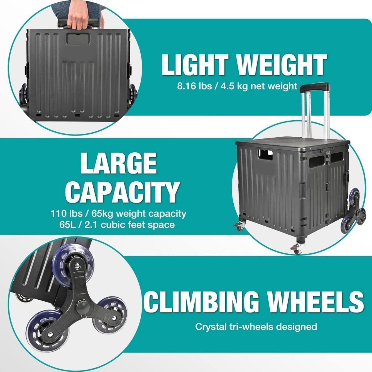 WESOUQ™ 65L Collapsible Wagon - Heavy Duty Folding Trolley for Shopping, Camping & Picnic with Wheels (Black)