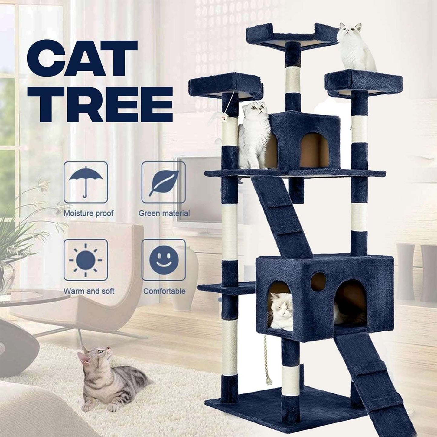 WASOUQ® Multi-Level 170cm Cat Tree with Hammock, Ladder & Scratching Posts